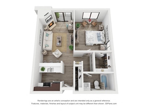 Floor plan for 1 bed, 1 bath, 648 sqft